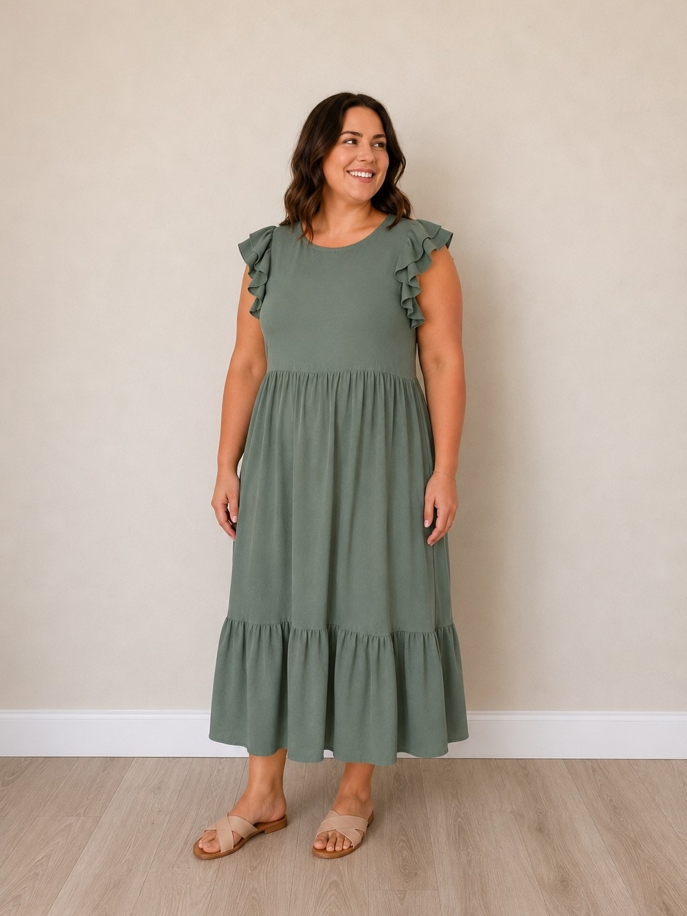 Ruffle Sleeve Midi Dress in Sage Green - Large